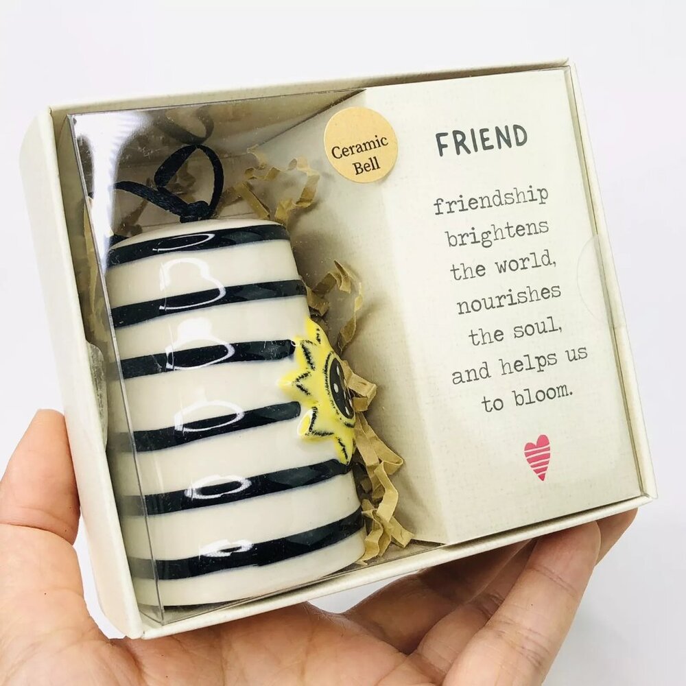 Ceramic White Bell Box Heartful Home Tracy Pesche FRIEND Sunflower Striped Black - Picture 5 of 5